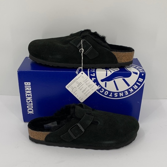 Birkenstock Boston Shearling lined clog shoe slide comfort suede black new 40 9 - Picture 1 of 7